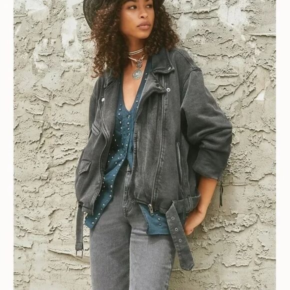 NEW Free People Rebel Bomber Moto Jacket Womens XS Boho Indie Grunge Oversized - Picture 1 of 10